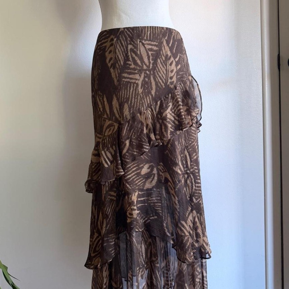 Ralph Lauren Silk Ruffle Leaf Print Midi Skirt